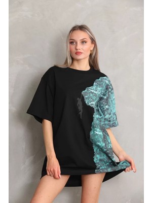 Tarz Yeri Unisex Bisiklet Yaka Baskılı Oversize T-Shirt - Siyah