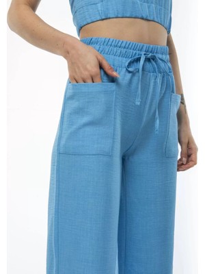 Tarz Yeri Kadin Keten Pantalon ve Crop Takım - Mavi