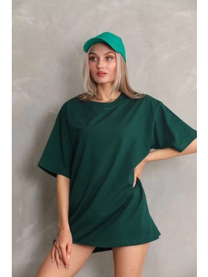 Tarz Yeri Unisex Bisiklet Yaka 20/1 Düz Oversize T-Shirt - Yeşil