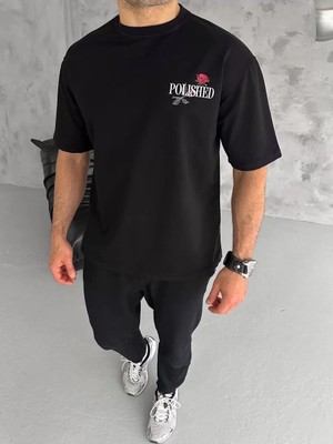 Tarz Yeri Unisex Bisiklet Yaka Baskılı Oversize T-Shirt - Siyah