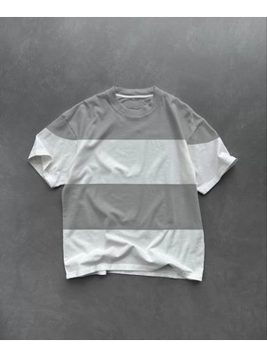 Tarz Yeri Unisex Bisiklet Yaka Parçalı T-Shirt - Gri
