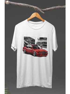 Fuddy Moda  Red Black Bmw E30 Baskılı T-Shirt, Araba Yarış Temalı Baskılı Tişört