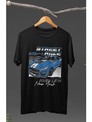 Fuddy Moda  Street Race Ford Mustang Baskılı T-Shirt, Araba Yarış Temalı Baskılı Tişört
