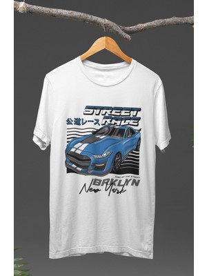 Fuddy Moda  Street Race Ford Mustang Baskılı T-Shirt, Araba Yarış Temalı Baskılı Tişört