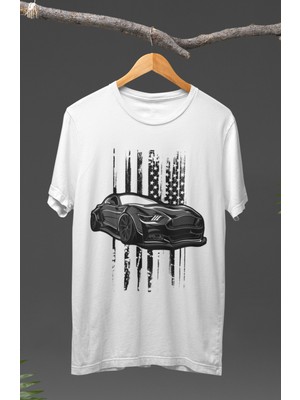 Fuddy Moda  Grey Car Ford Mustang Baskılı T-Shirt, Araba Yarış Temalı Baskılı Tişört