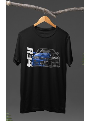 Fuddy Moda  Mavi Nissan Skyline R34 Baskılı T-Shirt, Araba Yarış Temalı Baskılı Tişört