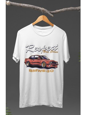 Fuddy Moda  Bmw E30 Respect Your Elders Baskılı T-Shirt, Araba Yarış Temalı Tişört