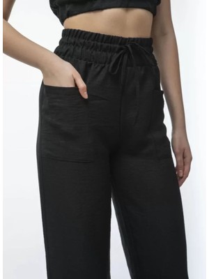 Civarda Moda Kadin Keten Pantalon ve Crop Takım - Siyah