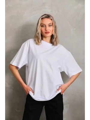 Stil Aura Unisex Bisiklet Yaka 20/1 Düz Oversize T-Shirt - Beyaz