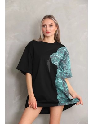 Alinn Butikk Unisex Bisiklet Yaka Baskılı Oversize T-Shirt - Siyah