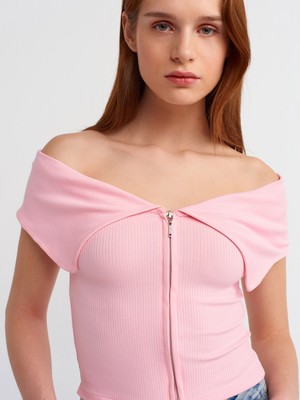 Dilvin 30748 Omuzları Açık Fermuar Detaylı Top-Pembe