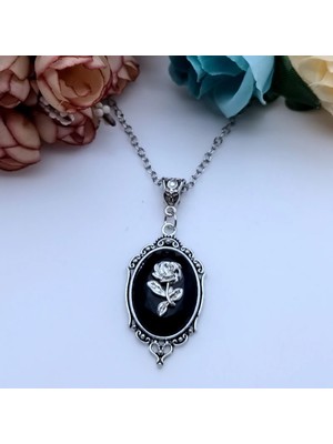 Herşey Nota Gotik Victorian Gül Detay Tablo Kolye 1 Adet Siyah Kolye