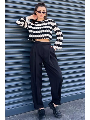 Julude Siyah Yüksek Bel Pileli Kadın Bol Kesim Kumaş Pantolon P-00009956