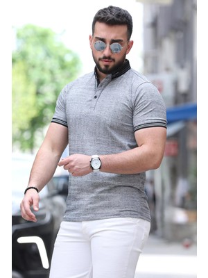 Julude Siyah Polo Yaka Ön Düğmeli Desenli Likralı Erkek Tişört P-00010291