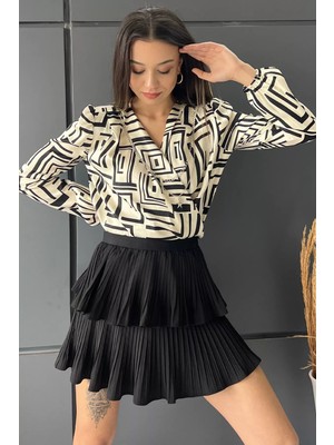 Julude Krem Kruvaze Yaka Kolyeli Desenli Bluz P-00010094