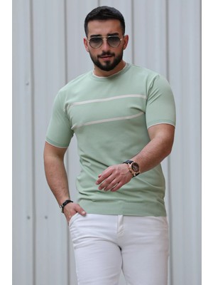 Julude Mint Çizgi Detaylı Bisiklet Yaka Erkek T-Shirt P-00009082