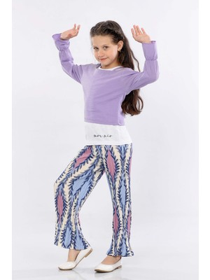 Mornio Kız Çocuk 3'lü Takım Fırfırlı Kol Sweatshirt,t-Shirt ve Geniş Paça Pantolon MRN2427