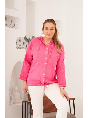 Rmg Kapşonlu Büyük Beden Fuşya Yıkamalı Gömlek1