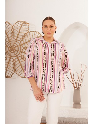 Rmg Kadın Fuşya Çizgi Desenli Büyük Beden Günlük Gömlek Truvakar Kol Stili