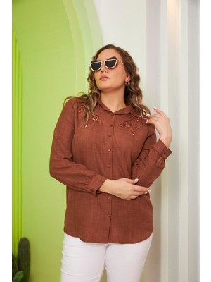 Rmg Yaka Lazer Kesimli Nakışlı Büyük Beden Kahve Gömlek