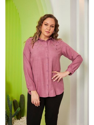 Rmg Yaka Lazer Kesimli Nakışlı Büyük Beden Mürdüm Gömlek