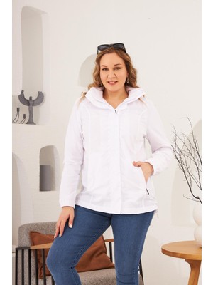 Rmg Bel Bağcık Detaylı Kolları Lastikli Büyük Beden Beyaz Trençkot