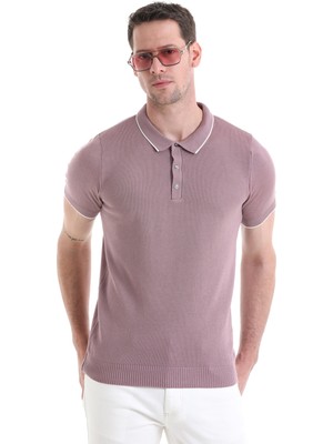 Saykı Mor Regular Fit Düz Pamuklu Polo Yaka Triko Tişört