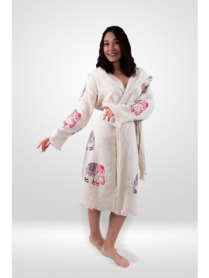 Reina Teks Peştemal Bornoz Pamuklu Fil Desen Pembe-Mor 1 Adet Unisex Beachwear Kimono Kaftan