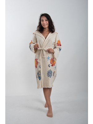 Reina Teks Peştemal Bornoz Pamuklu Plaj Karışık Mercan Deniz Yıldızı Desen 1ADET Unisex Beachwear Kimono Kaftan