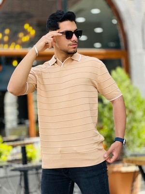 Miron Açık Kahverengi Kabartma Çizgi Polo Yaka Triko Tişört