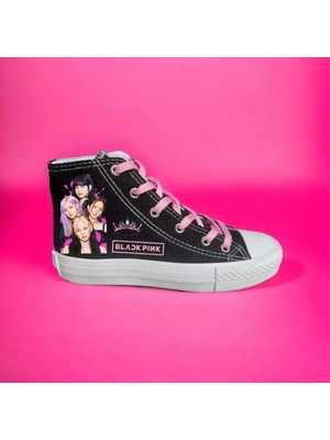 Amazoon Desing Blackpink Baskılı Old Taç Siyah Keten Çocuk Spor Ayakkabı Sneaker Okul Ayakkabısı