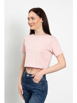 TheeBasic Bisiklet Yaka Likralı Kısa Kol Pembe Basic Crop T-Shirt