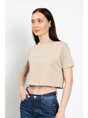 TheeBasic Bisiklet Yaka Likralı Kısa Kol Bej Basic Crop T-Shirt