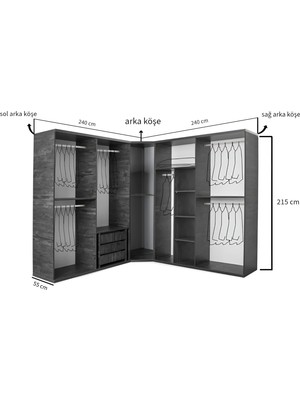 Avm 24 Moskova Köşe Gardırop -Mdf-Antrasit-240/240x55x215cm- 9 Kapak-Cam Kapak-Ücretsiz Montaj