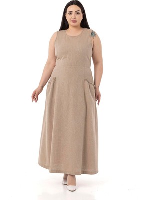 Disentis Modest Büyük Beden Cep Ve Arka Belde Lastik Büzgü Detaylı Keten Uzun Vizon Elbise