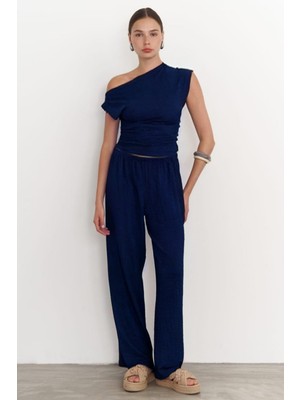 Yakamel Kadın Bol Paça Dokulu Yazlık Palazzo Pantolon