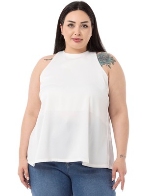 Disentis Modest Büyük Beden Halter Yaka Saten Dokulu Astarlı Beyaz Bluz