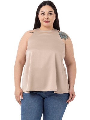 Disentis Modest Büyük Beden Halter Yaka Saten Dokulu Astarlı Bej Rengi Bluz