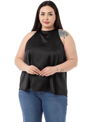 Disentis Modest Büyük Beden Halter Yaka Saten Dokulu Astarlı Siyah Bluz