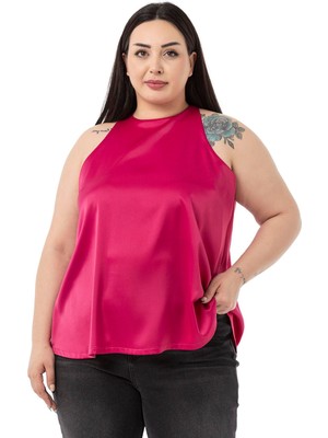 Disentis Modest Büyük Beden Halter Yaka Saten Dokulu Astarlı Fuşya Bluz