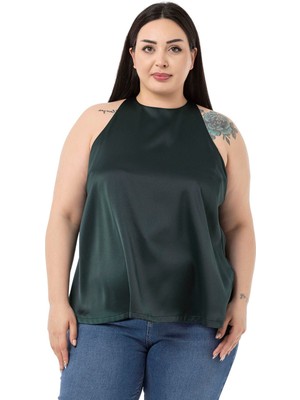 Disentis Modest Büyük Beden Halter Yaka Saten Dokulu Astarlı Zümrüt Bluz