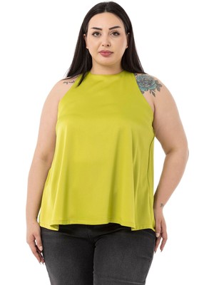 Disentis Modest Büyük Beden Halter Yaka Saten Dokulu Astarlı Fıstık Yeşili Bluz