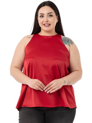 Disentis Modest Büyük Beden Halter Yaka Saten Dokulu Astarlı Kırmızı Bluz