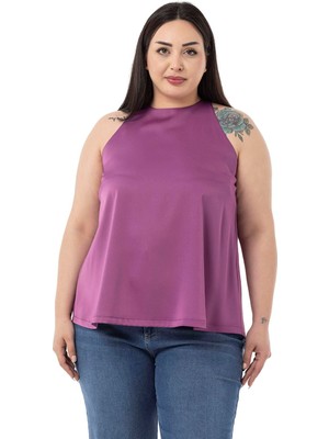 Disentis Modest Büyük Beden Halter Yaka Saten Dokulu Astarlı Leylak Bluz