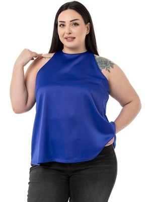 Disentis Modest Büyük Beden Halter Yaka Saten Dokulu Astarlı Parlement Mavi Bluz