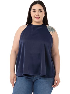 Disentis Modest Büyük Beden Halter Yaka Saten Dokulu Astarlı Lacivert Bluz