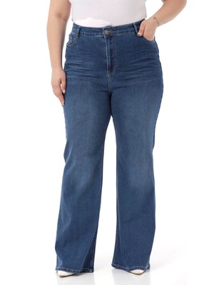 Disentis Modest Büyük Beden Önü Kraşlı Yüksek Bel Ispanyol Paça Mavi Denim Pantolon