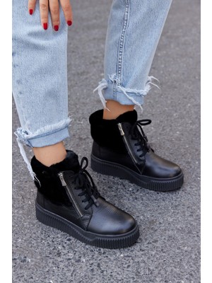 Sandnes Siyah Hakiki Deri Kürklü Kadın Spor Bot