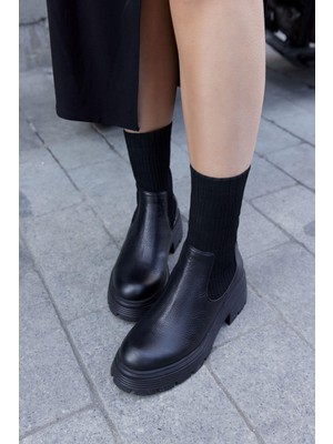 Cosmos Siyah Hakiki Deri Triko Topuklu  Bot
