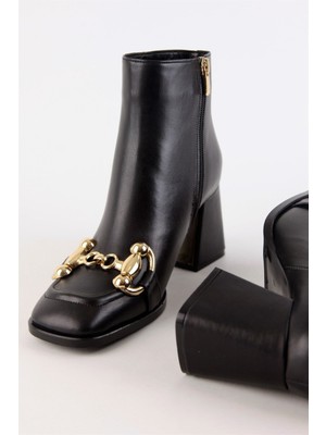 Lorena Siyah Hakiki Deri Altın Tokalı Topuklu Bot
